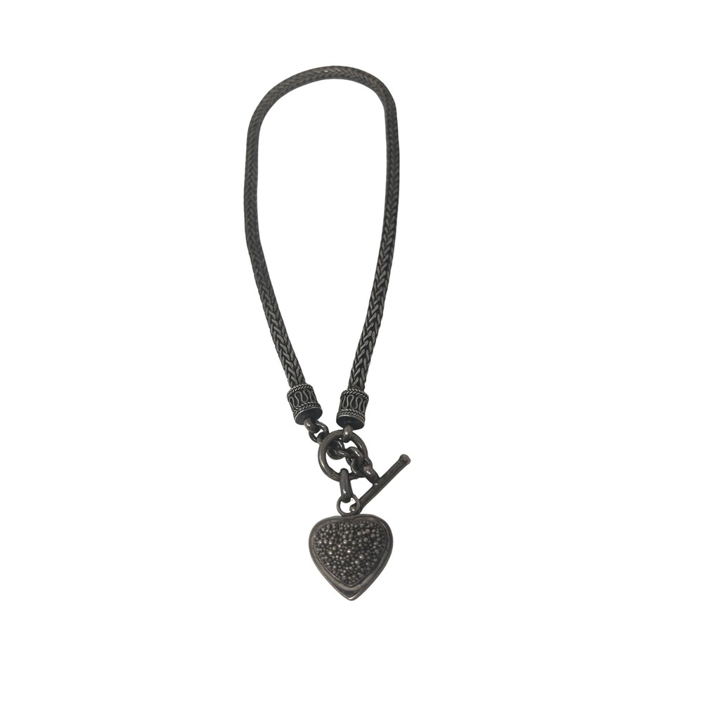 Sterling Silver 925 Wheat Chain‎ Granulated Heart Pendant Toggle Necklace 2.6 oz